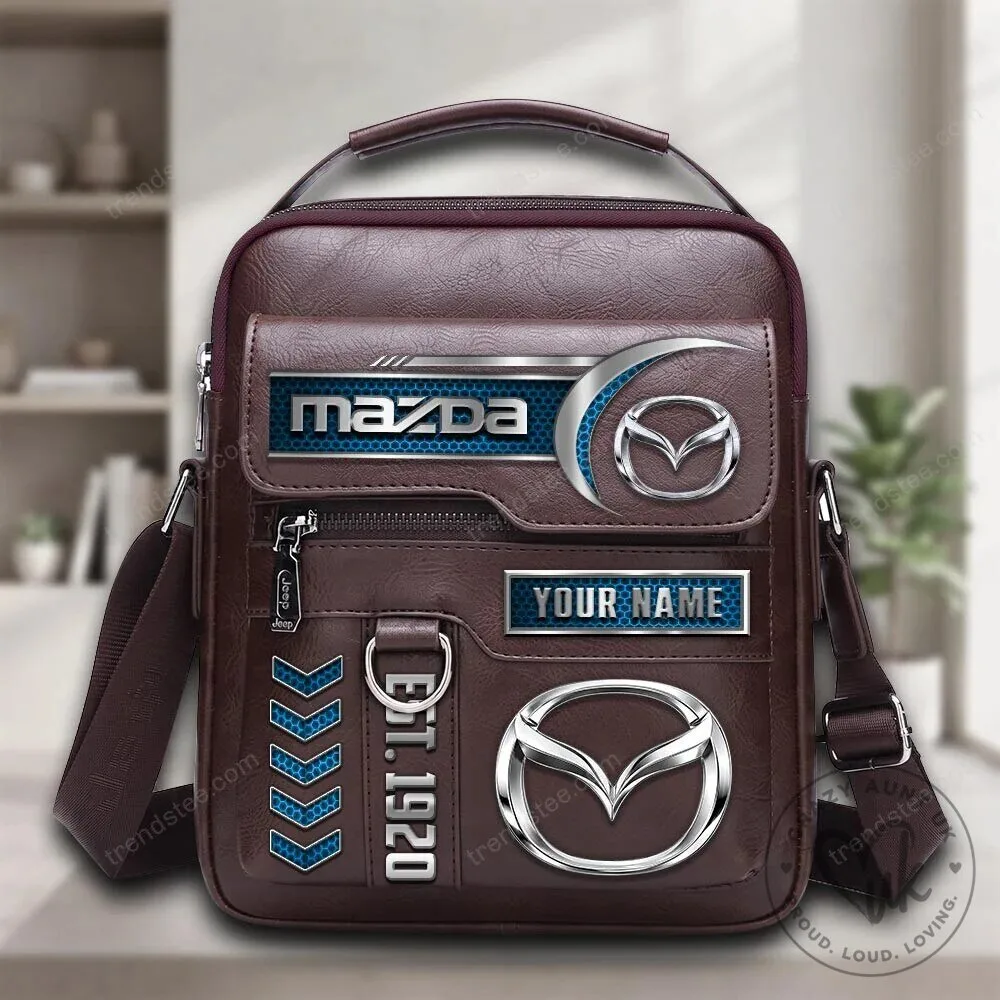 Mazda Personalized Custom Name Brown Leather Crossbody Shoulder Bag