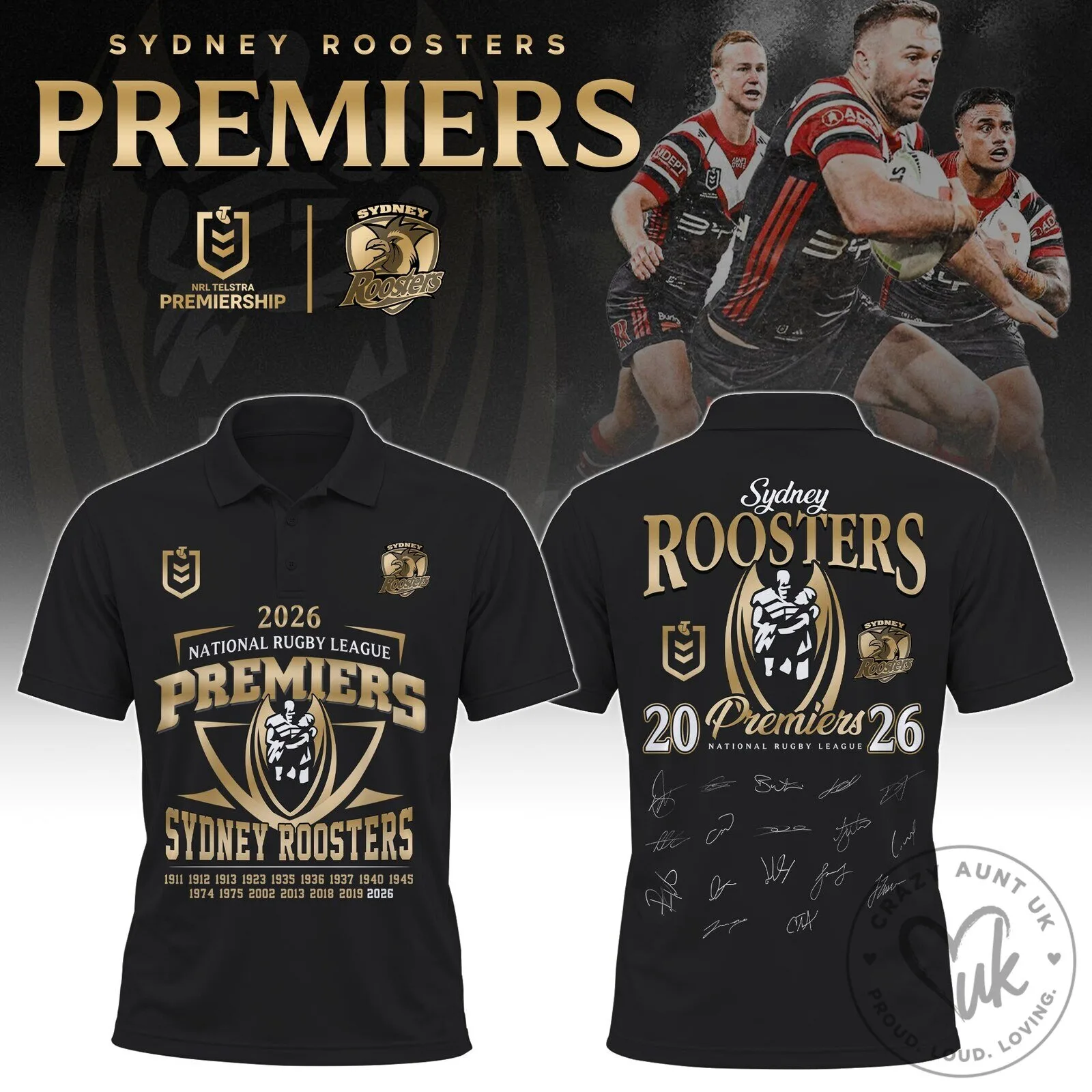 2026 Black Polo Shirt for Sydney Roosters National Rugby League Premiers