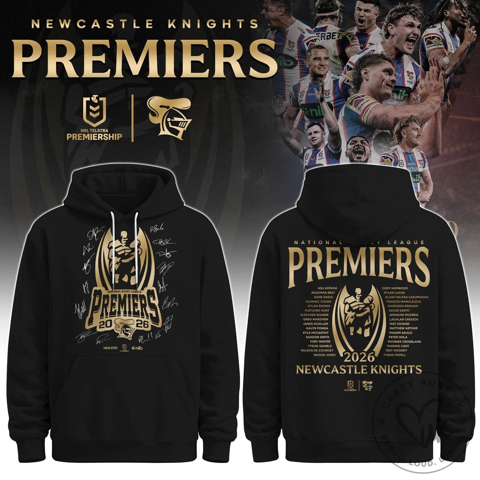 2026 Black Hoodie for Newcastle Knights National Rugby League Champions