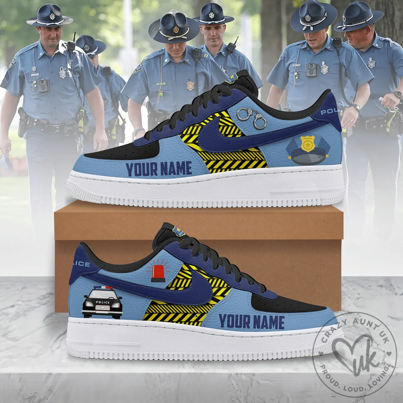 Police Officer Custom Name Blue Black Sneakers