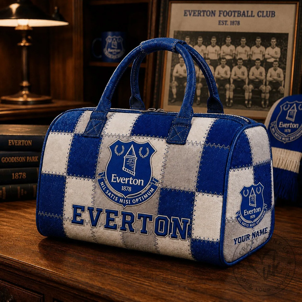 Everton Football Club Blue and White Quilted Custom Name Duffel Bag