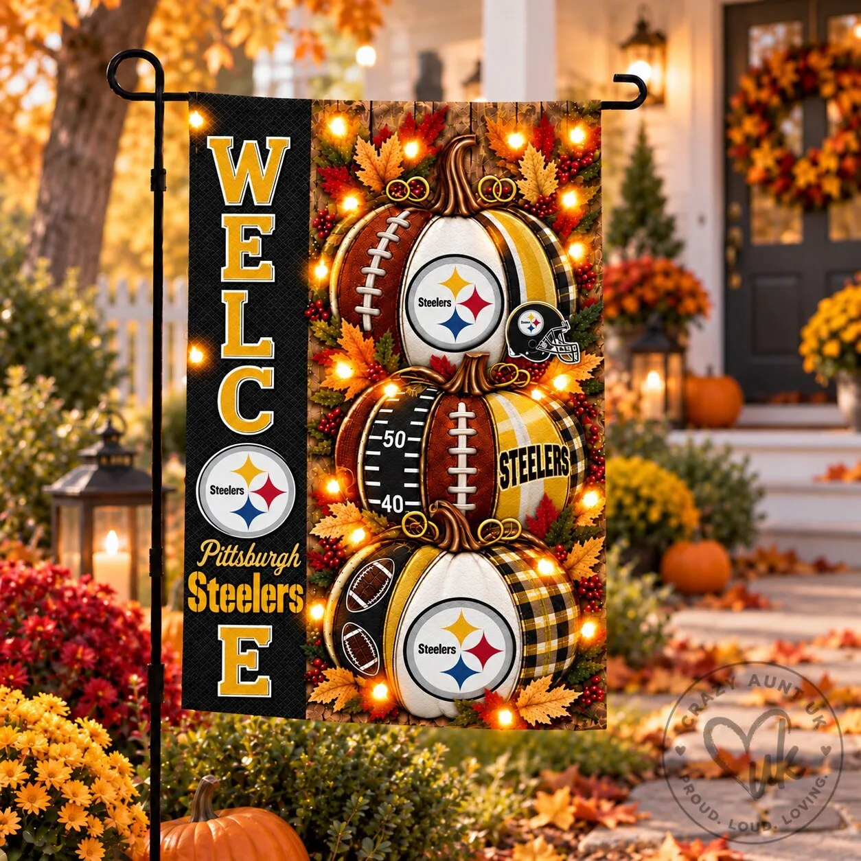 Pittsburgh Steelers Halloween Football Pumpkins Welcome Garden Flag