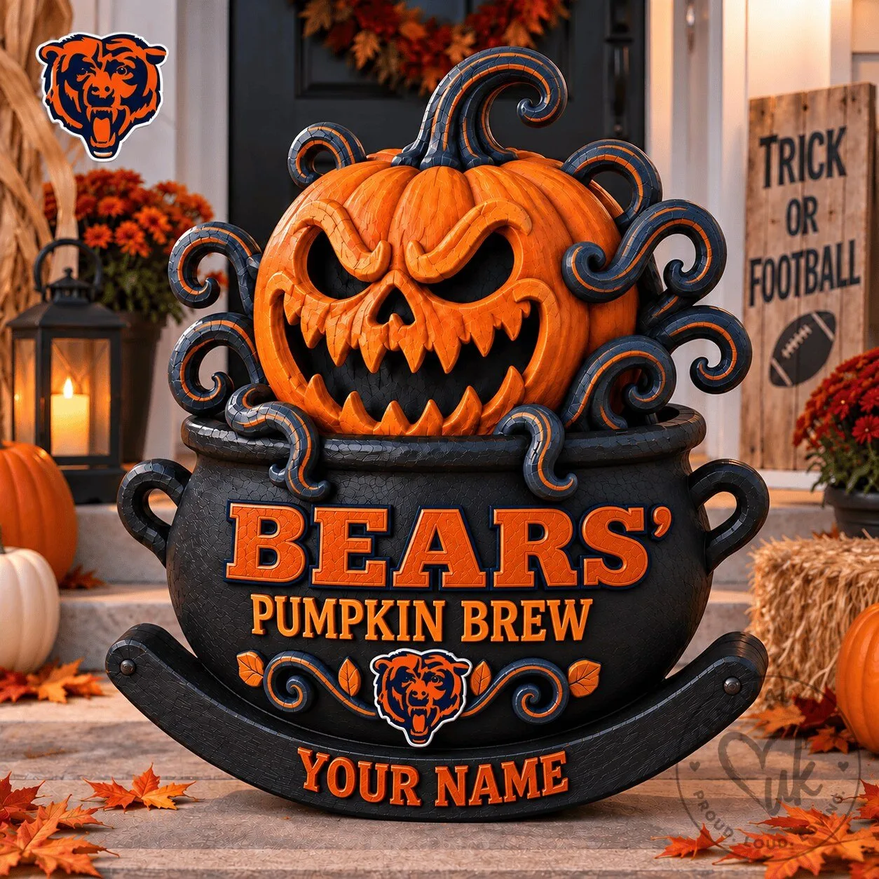 Chicago Bears Halloween Pumpkin Brew Cauldron Personalized Outdoor Decor Sign