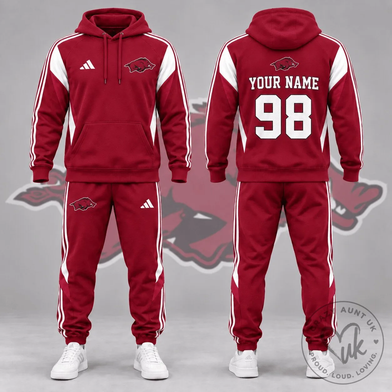 Arkansas Razorbacks Personalized Sideline Spirit Hoodie and Jogger Tracksuit