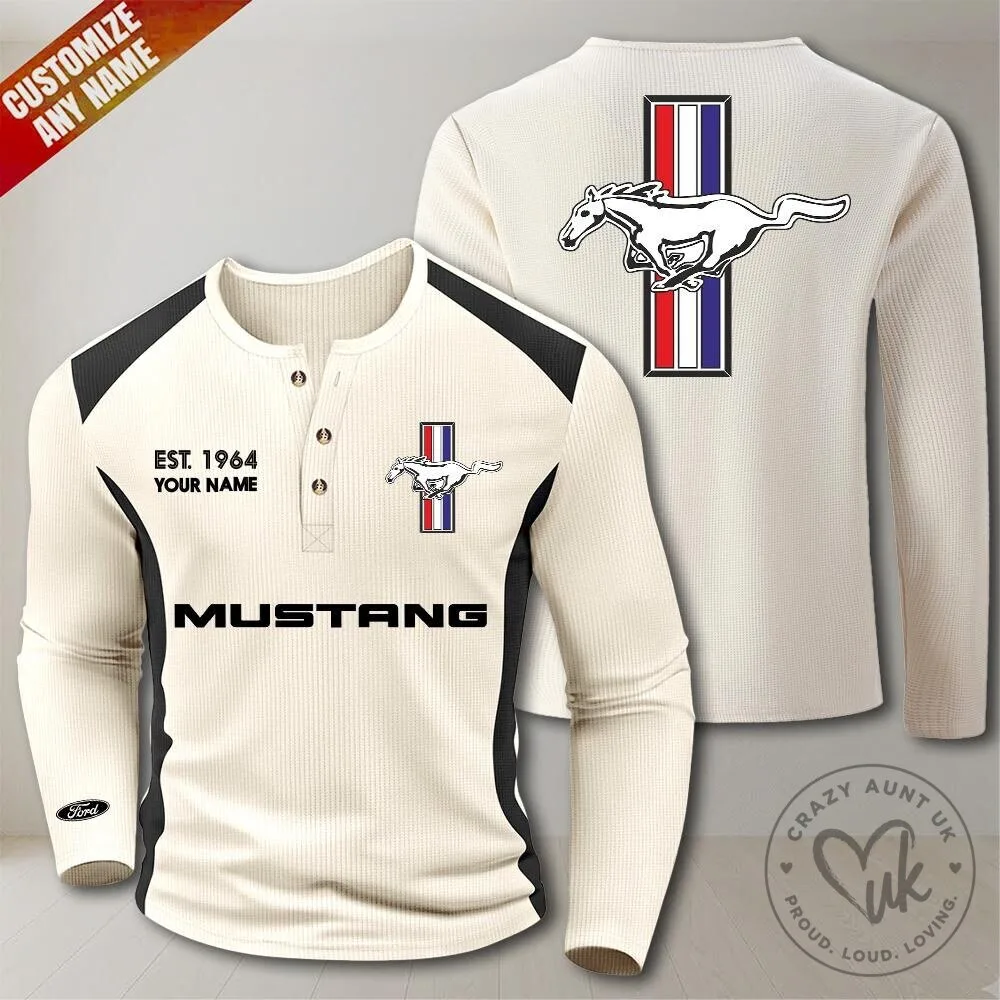 Ford Mustang Est 1964 Custom Name Long Sleeve Henley Shirt