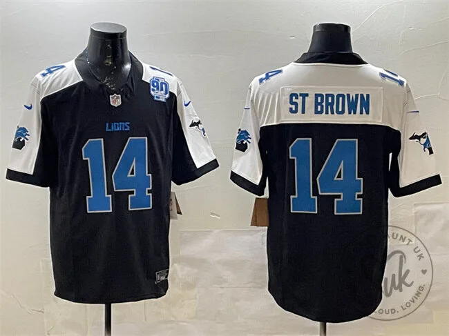 Amon-Ra St. Brown Detroit Lions Black Football Jersey Number 14 3 Amon-Ra St. Brown Detroit Lions Black Football Jersey Number 14