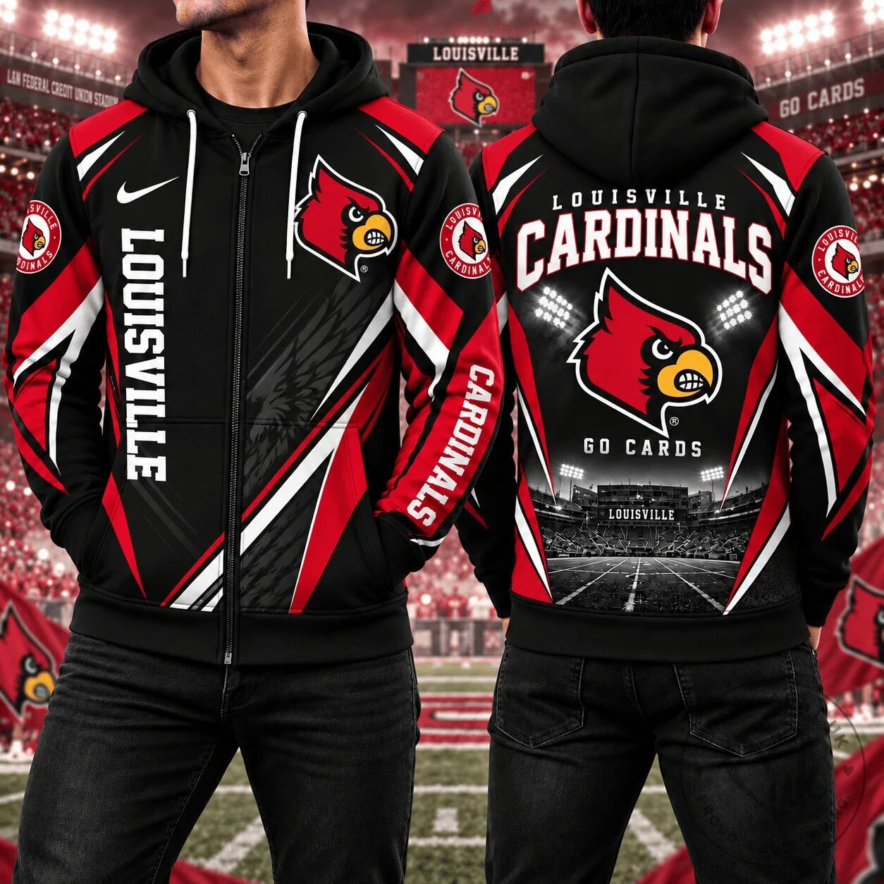 Louisville Cardinals NCAA Football Team Fan Gear Full-Zip Hoodie