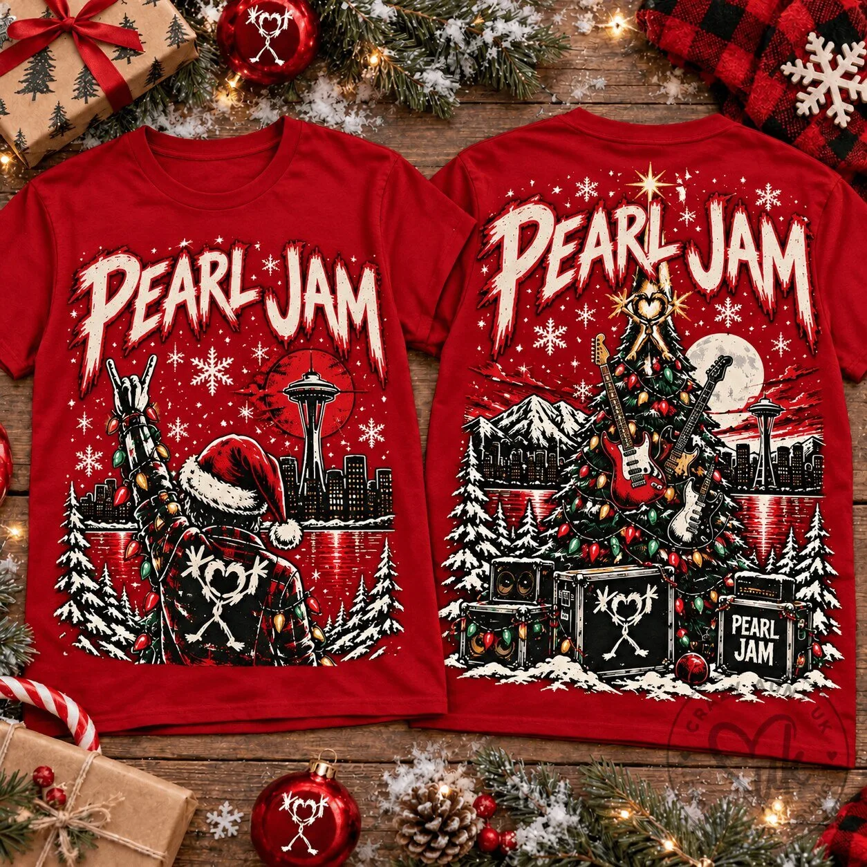 Holiday T-Shirt Featuring Seattle Skyline and Pearl Jam Christmas Rock Band Design 5 Holiday T-Shirt Featuring Seattle Skyline and Pearl Jam Christmas Rock Band Design