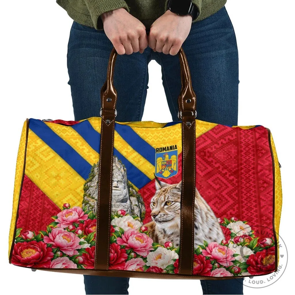 Romania Flag Lynx And Decebalus Rex Travel Bag With Peony Floral Motifs