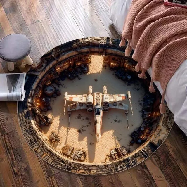 Round Area Rug Featuring Star Wars X-Wing Fighter Hangar Bay Design