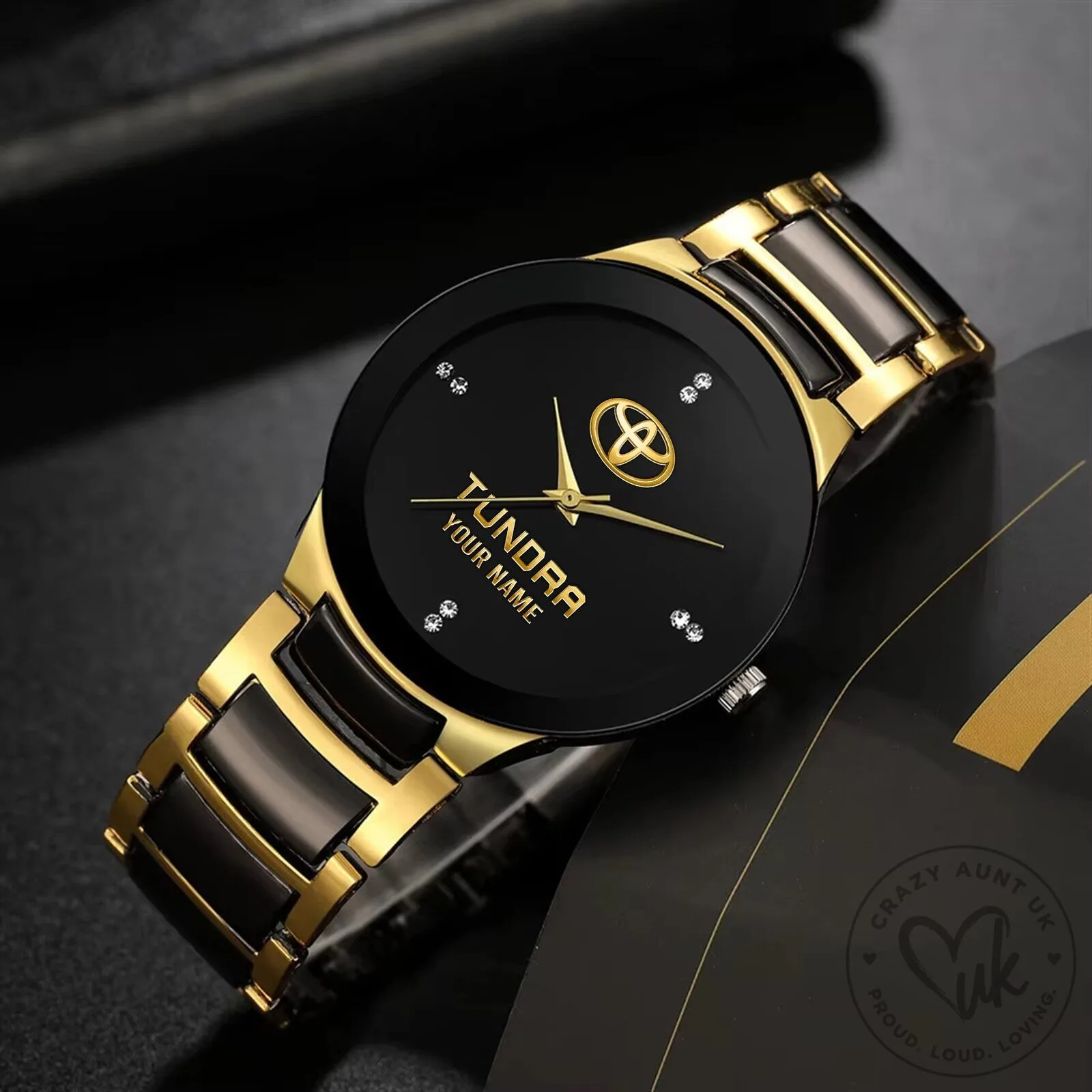 Toyota Tundra Custom Name Black and Gold Stainless Steel Quartz Watch