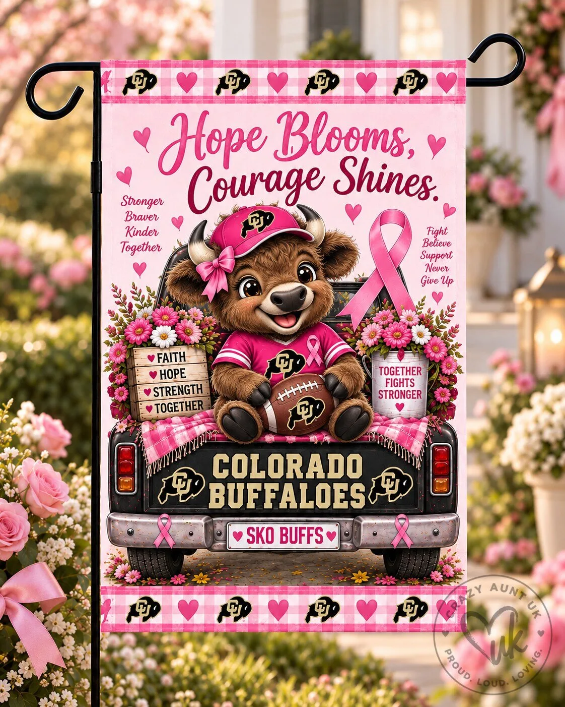 Colorado Buffaloes Breast Cancer Awareness Hope Blooms Courage Shines Flag