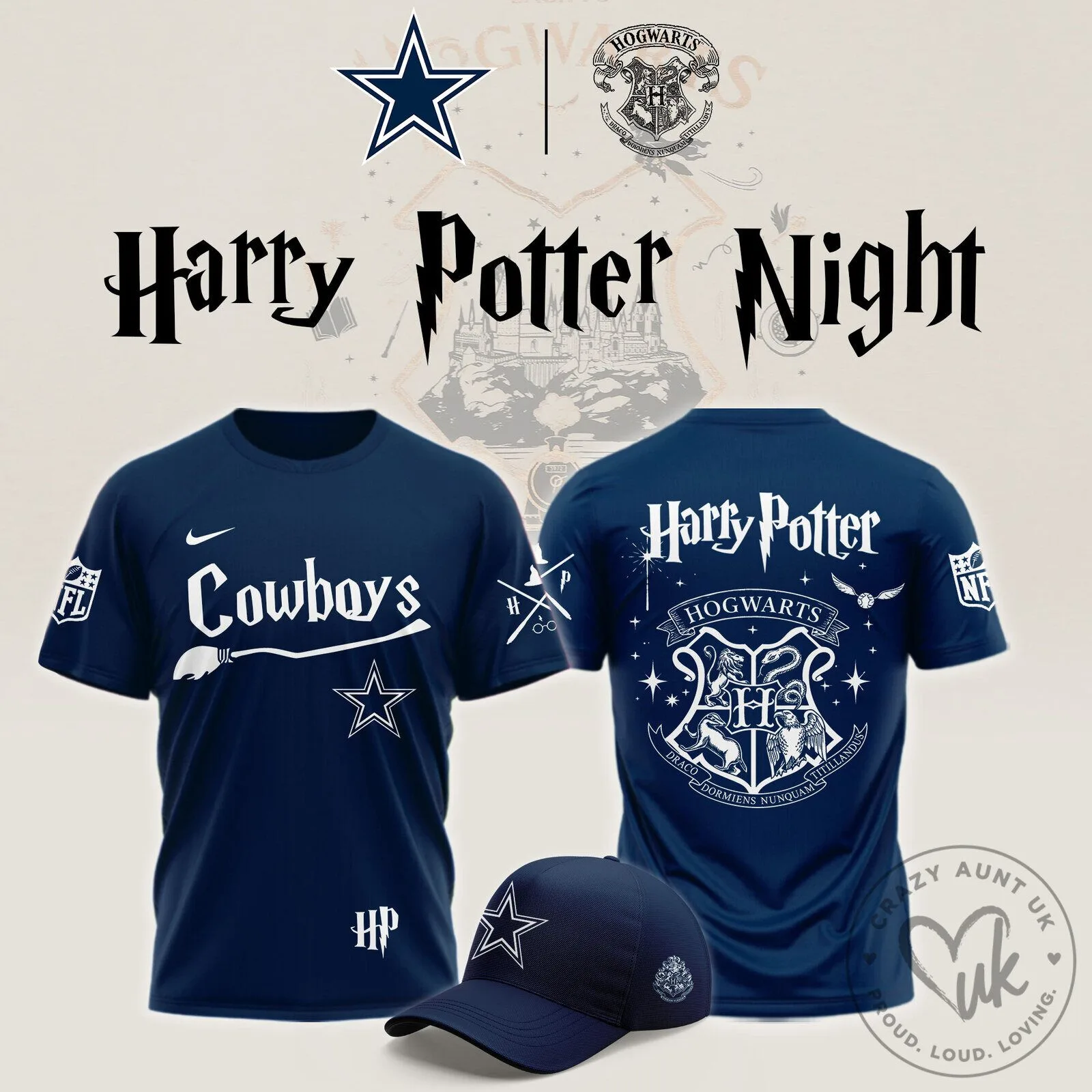 Dallas Cowboys Harry Potter Night Hogwarts Crest Navy Blue T-Shirt