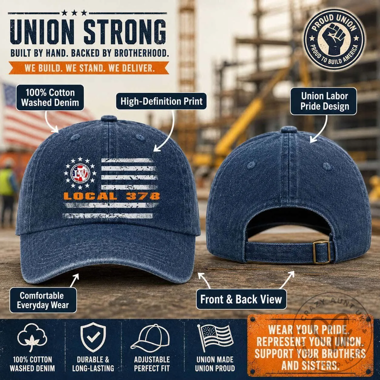 Union Strong Local 378 American Flag Washed Denim Baseball Cap Hat 2 Union Strong Local 378 American Flag Washed Denim Baseball Cap Hat