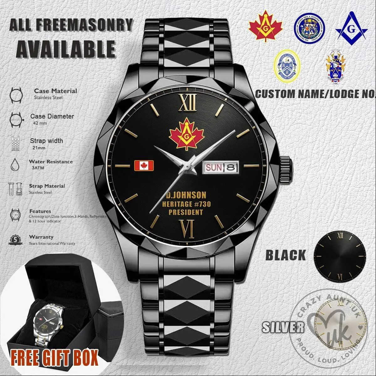 Freemasonry Canada Maple Leaf Custom Engraved Stainless Steel Watch