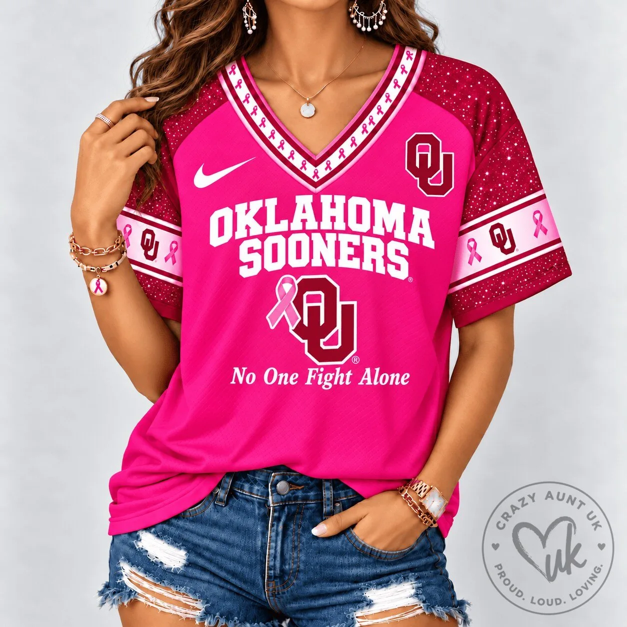 Oklahoma Sooners No One Fights Alone Breast Cancer Awareness V-Neck T-Shirt