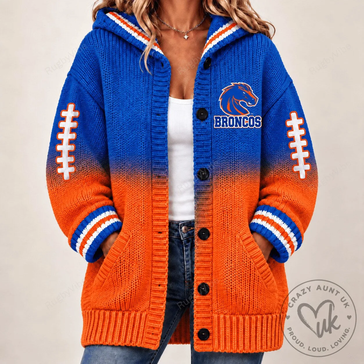 Boise State Broncos Football Team Logo Orange Blue Striped Knitted Cardigan Hoodie
