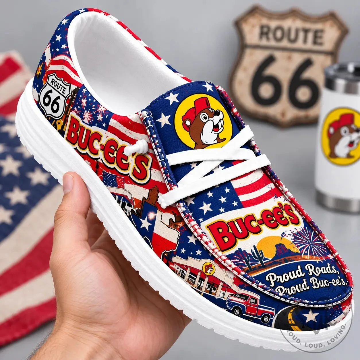 Buc-ee's Patriotic American Flag Print Canvas Loafer Shoes 7 Buc-ee