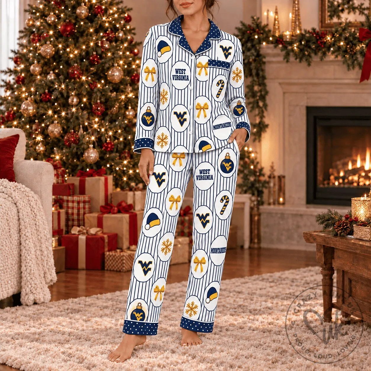 West Virginia Mountaineers Christmas Holiday Button-Up Pajamas Set