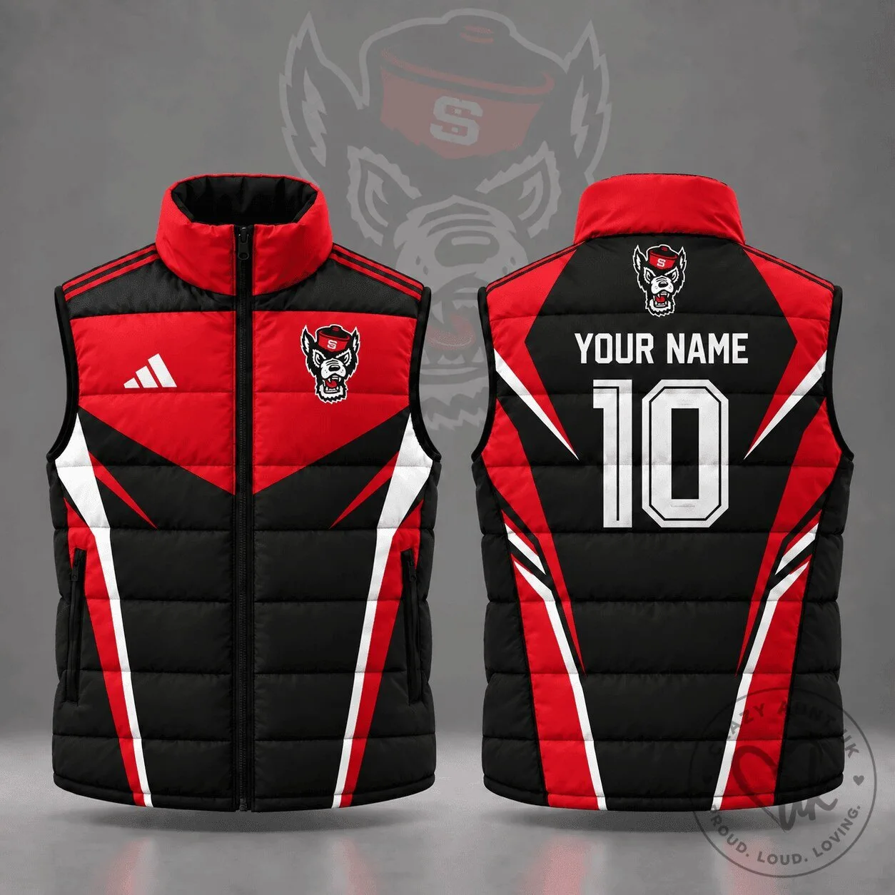 North Carolina State Wolfpack Custom Name Number Geometric Colorblock Puffer Vest