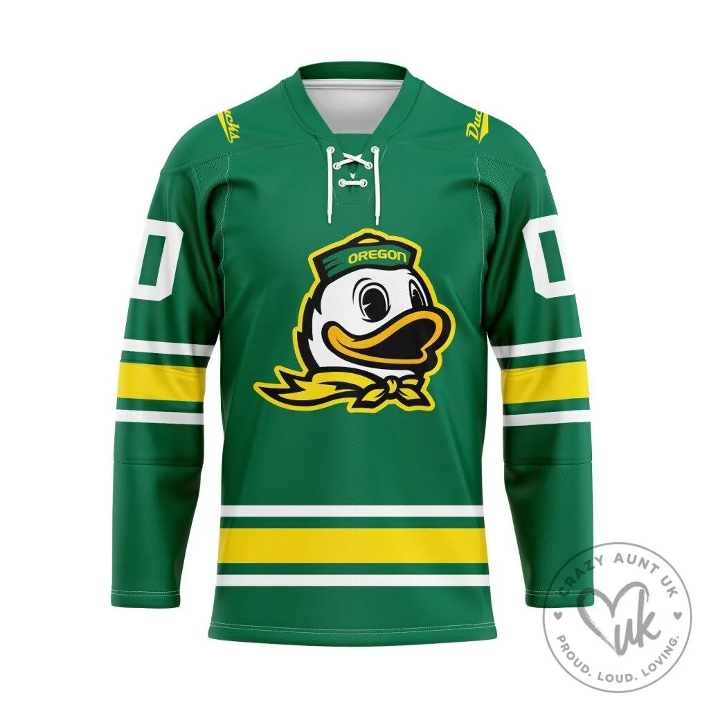 Oregon Ducks NCAA College Sports Team Green and Yellow Hockey Jersey