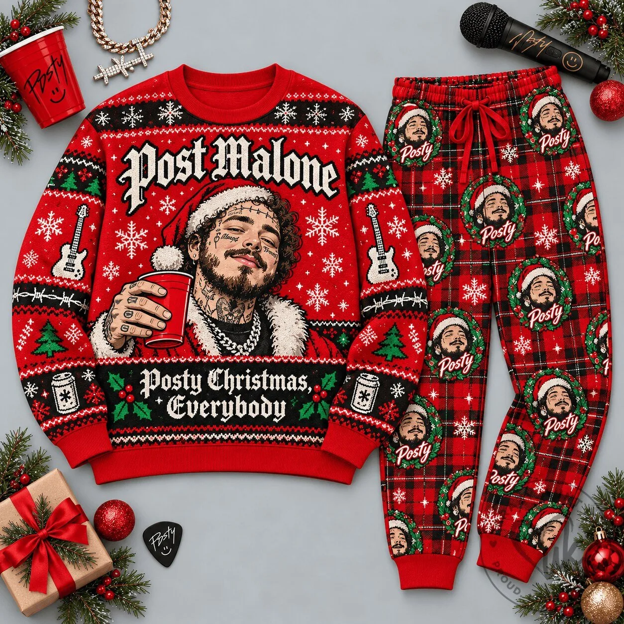 Post Malone Posty Christmas Everybody Red Plaid Holiday Pajamas Set