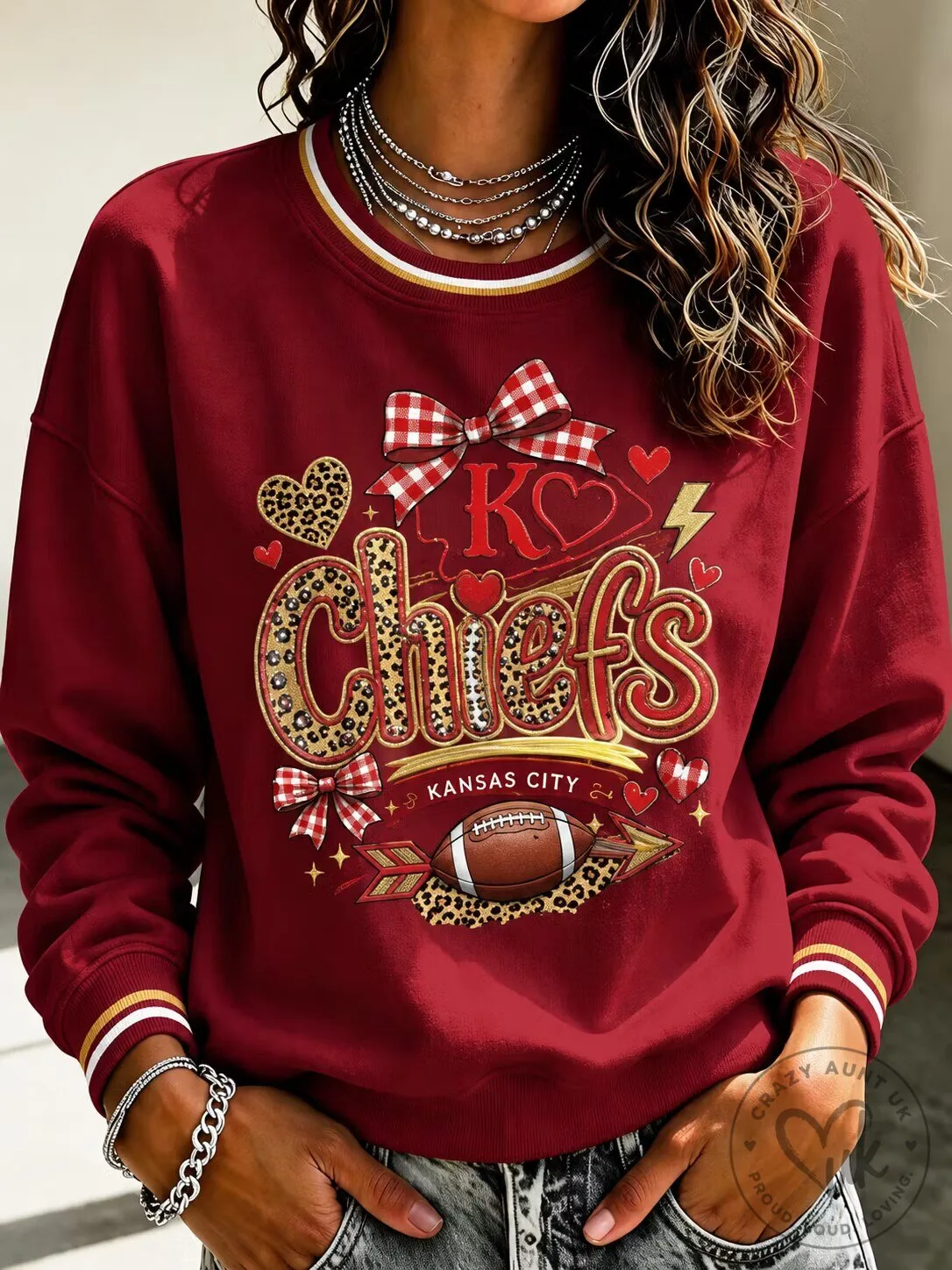 Kansas City Chiefs Women's Football Leopard Print Valentine's Day Sweatshirt
