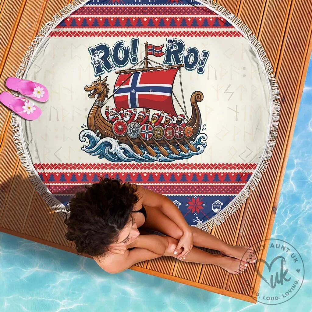 Norge Christmas Viking Santa Claus Ro Ro Round Beach Blanket with Fringe 10 Norge Christmas Viking Santa Claus Ro Ro Round Beach Blanket with Fringe