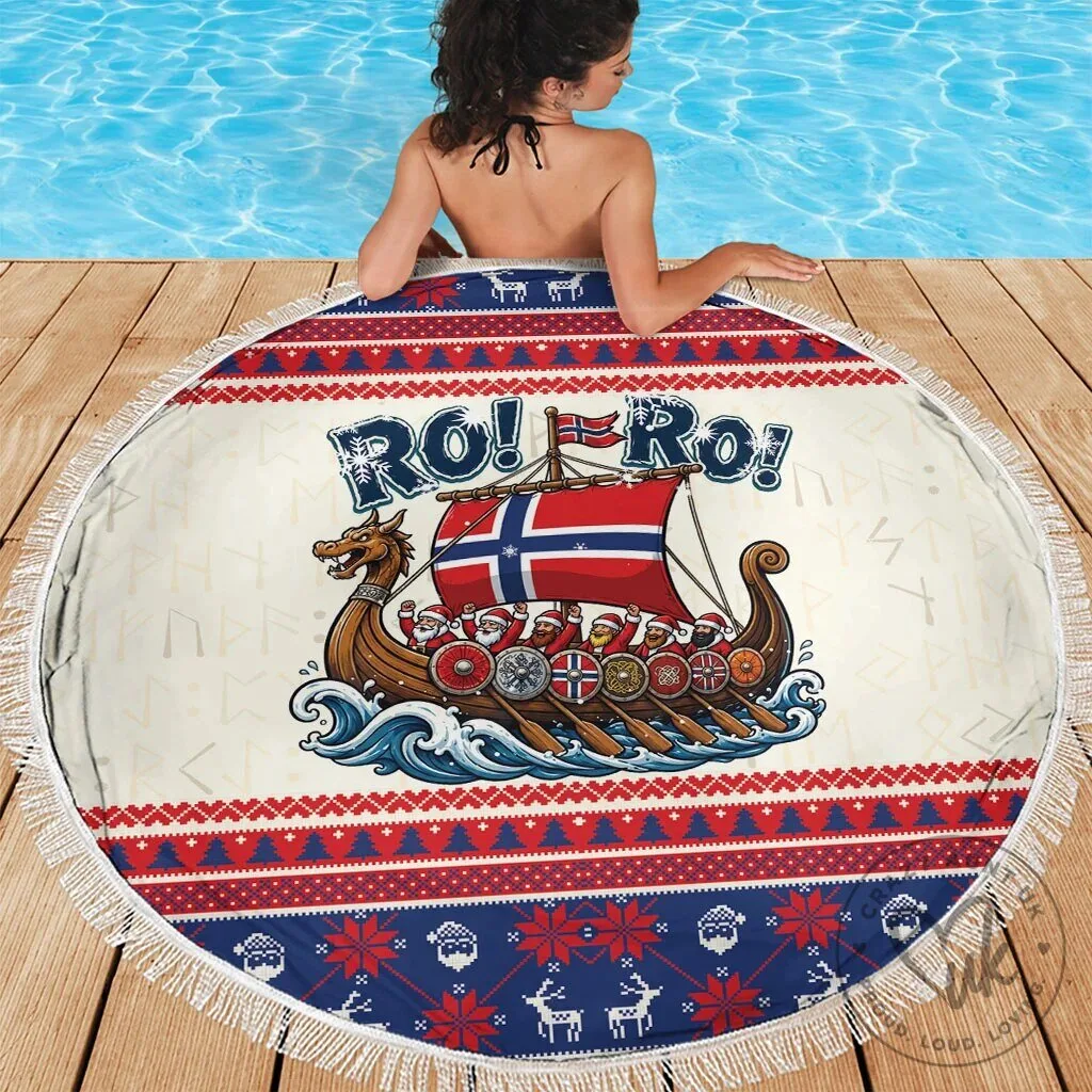 Norge Christmas Viking Santa Claus Ro Ro Round Beach Blanket with Fringe 11 Norge Christmas Viking Santa Claus Ro Ro Round Beach Blanket with Fringe