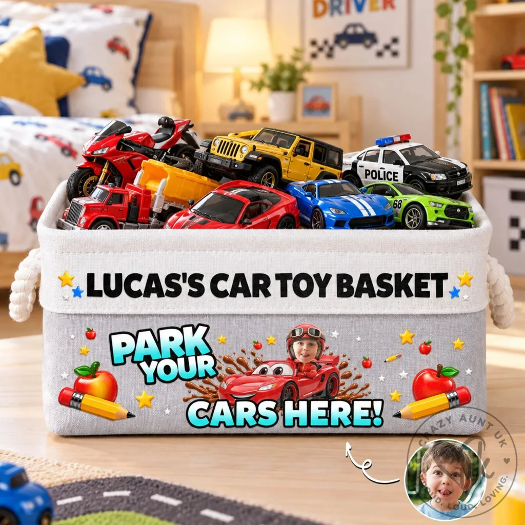 Personalized Kids Car Toy Storage Basket with Name and Photo, Children's Room Decor Personalized Kids Car Toy Storage Basket with Name and Photo, Children's Room Decor
