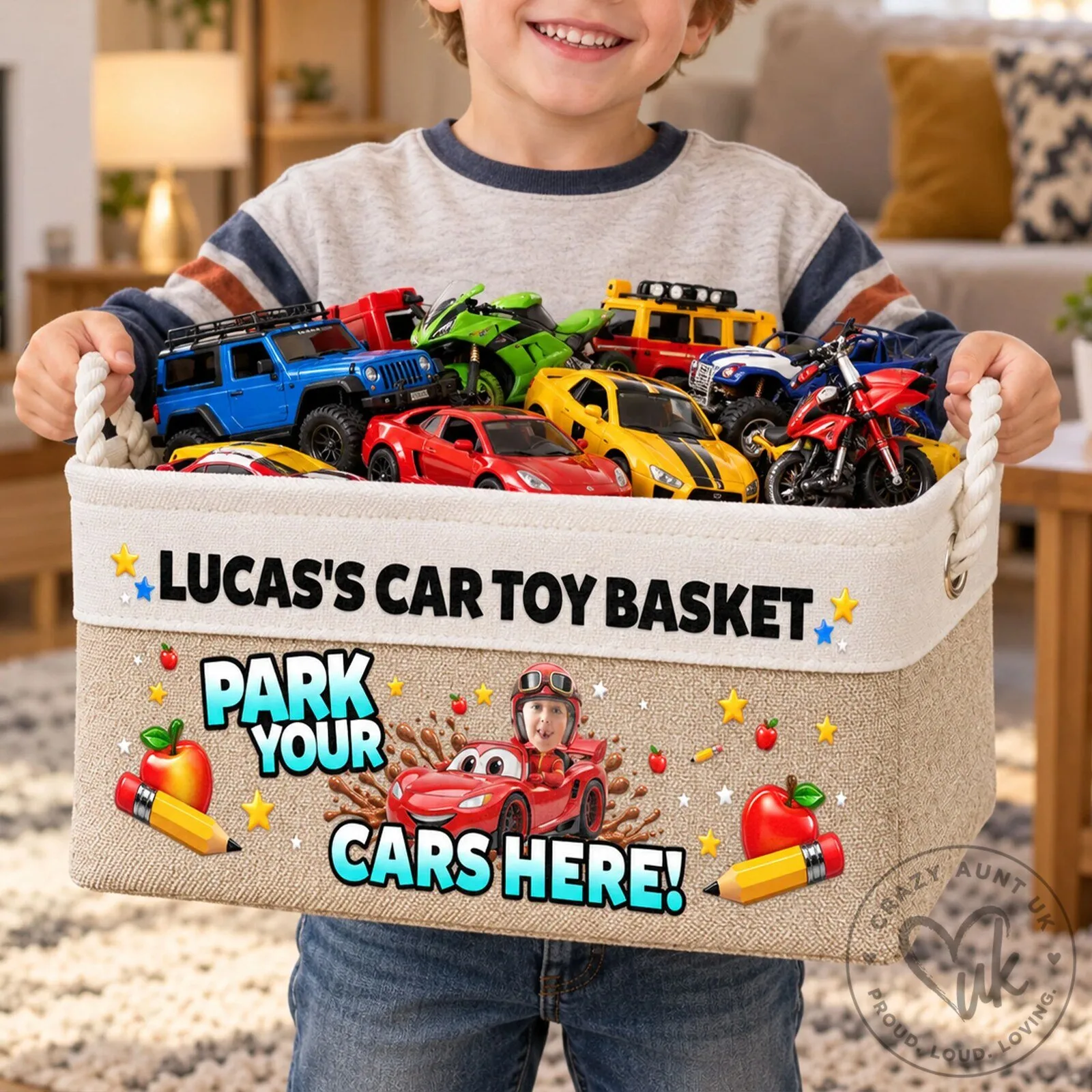 Personalized Kids Car Toy Storage Basket with Name and Photo, Children's Room Decor 9 Personalized Kids Car Toy Storage Basket with Name and Photo, Children