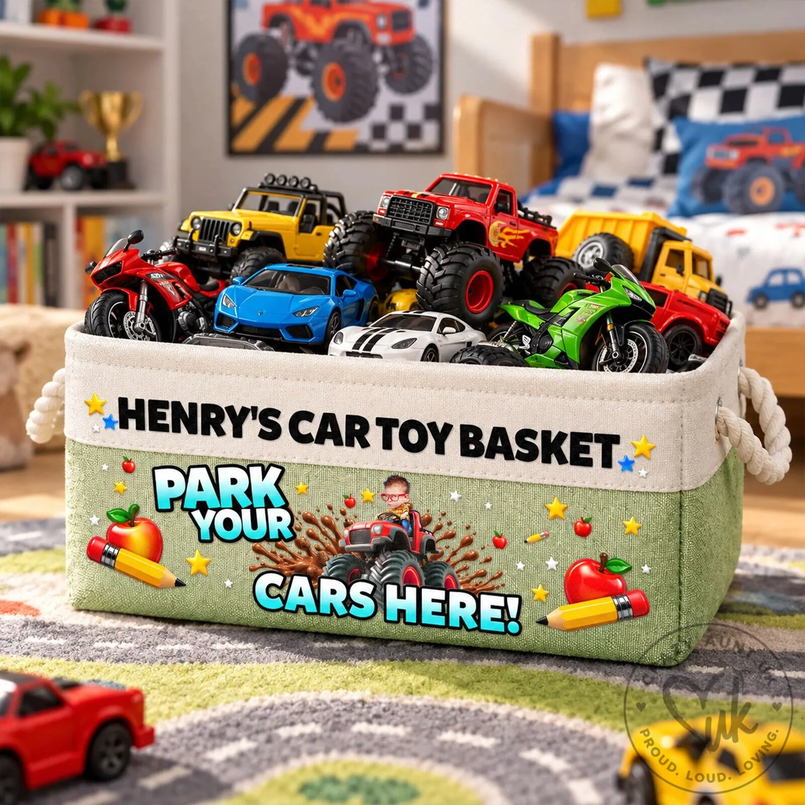 Personalized Kids Car Toy Storage Basket with Name and Photo, Children's Room Decor 11 Personalized Kids Car Toy Storage Basket with Name and Photo, Children