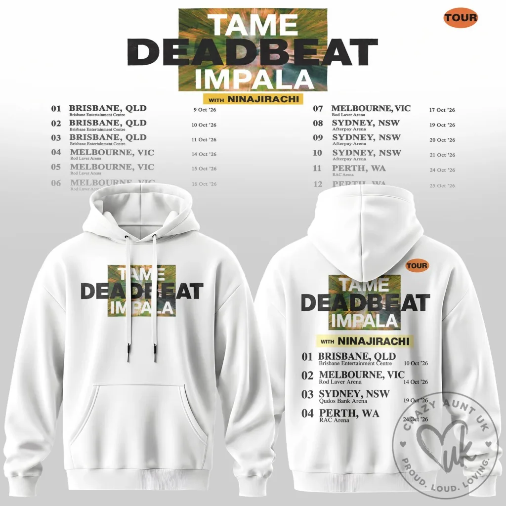 Tame Impala Deadbeat Impala 2026 Australia Tour Dates White Hoodie Tame Impala Deadbeat Impala 2026 Australia Tour Dates White Hoodie