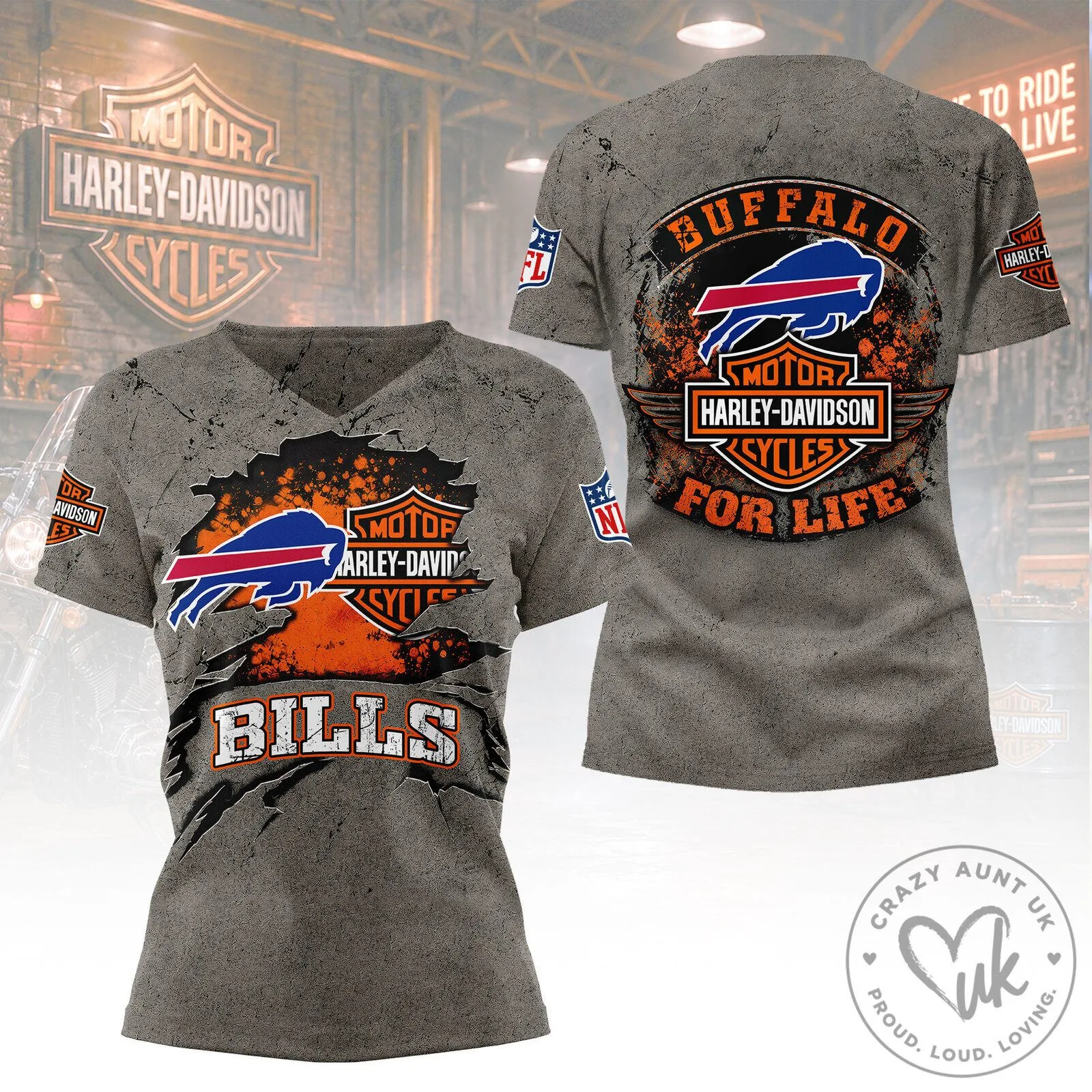 Buffalo Bills Harley Davidson For Life Distressed Style T-Shirt