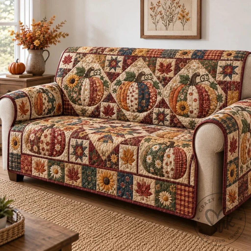 Rustic Pumpkin Harvesting Patchwork Quilted Sofa Cover for Living Room Decor