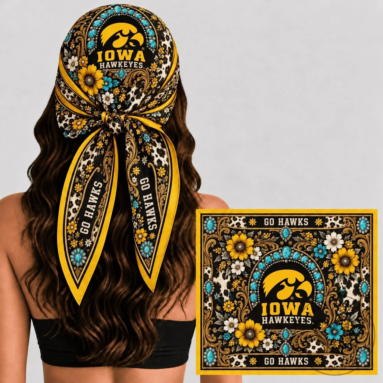 Iowa Hawkeyes Western Boho Floral Pattern Bandana Scarf
