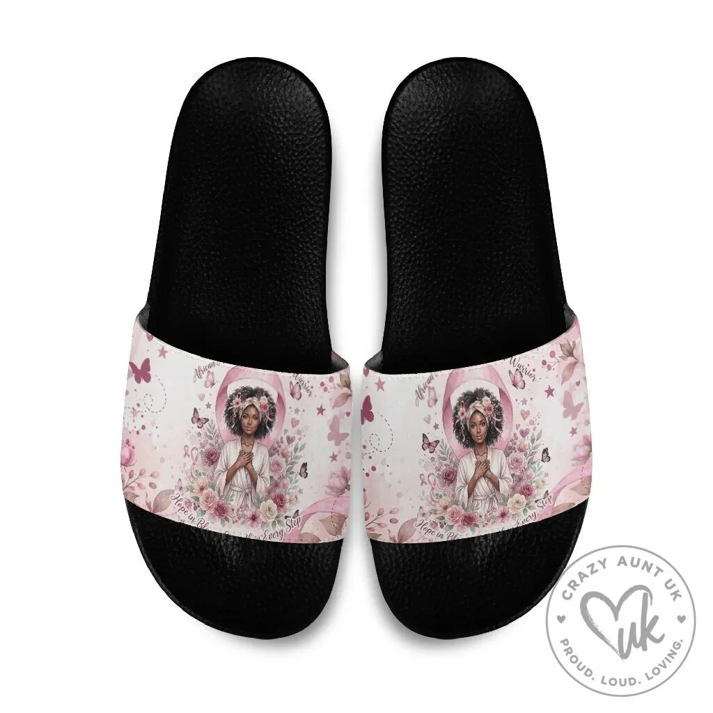 African American Breast Cancer Warrior Pink Ribbon Floral Butterfly Slide Sandals
