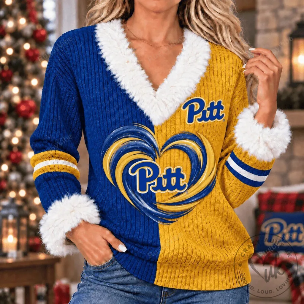 Pittsburgh Panthers Heart Logo Split Color Faux Fur Collar Sweater