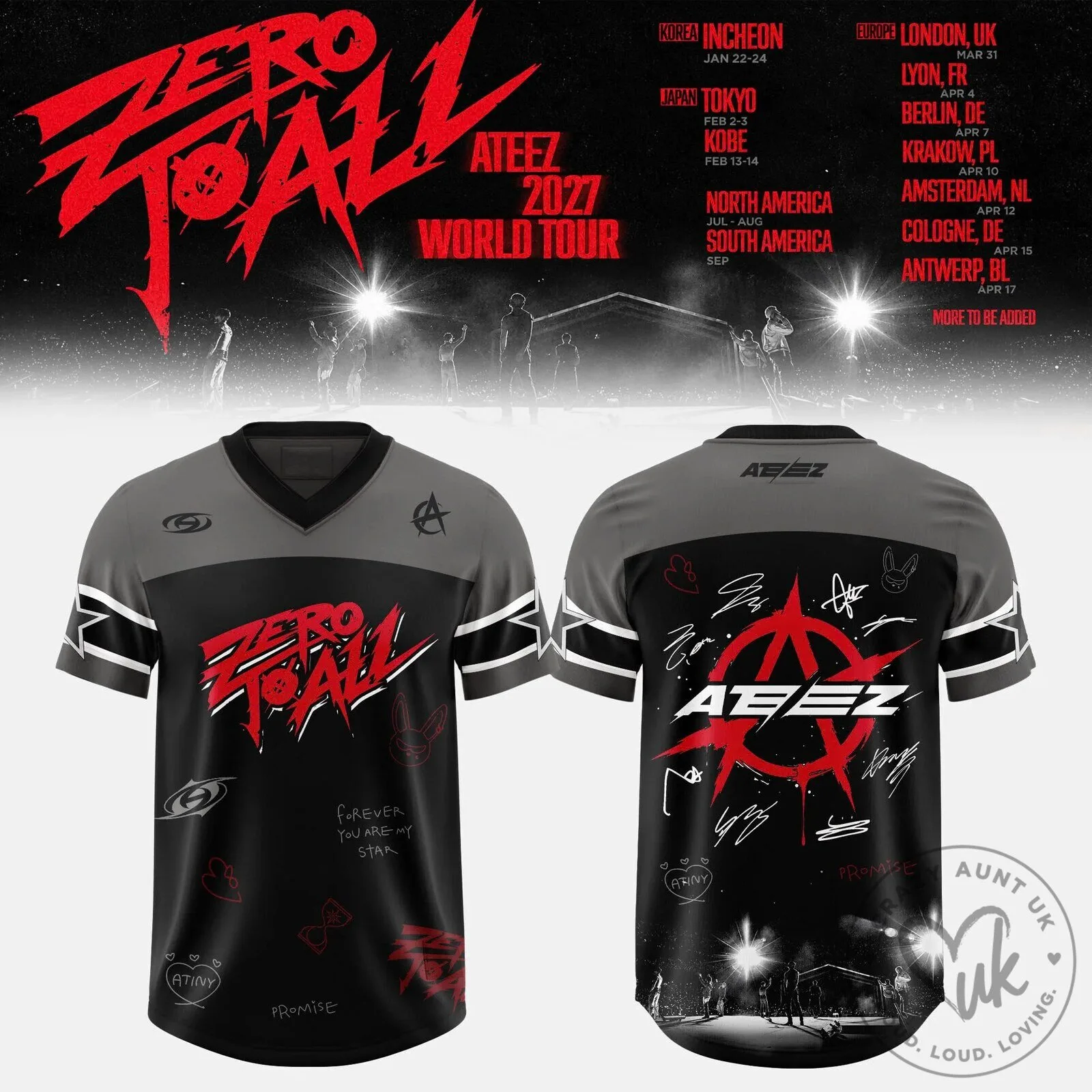 Ateez Zero To All World Tour 2027 Concert Black and Gray Football Jersey