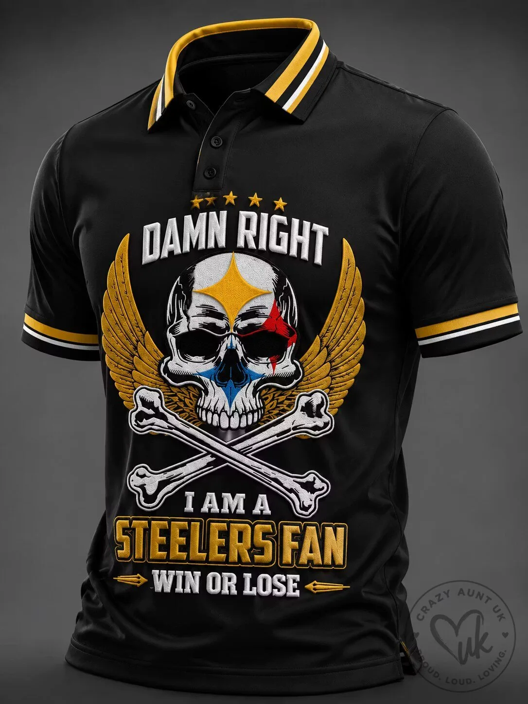 Pittsburgh Steelers Skull Wings Damn Right I Am A Steelers Fan Polo Shirt