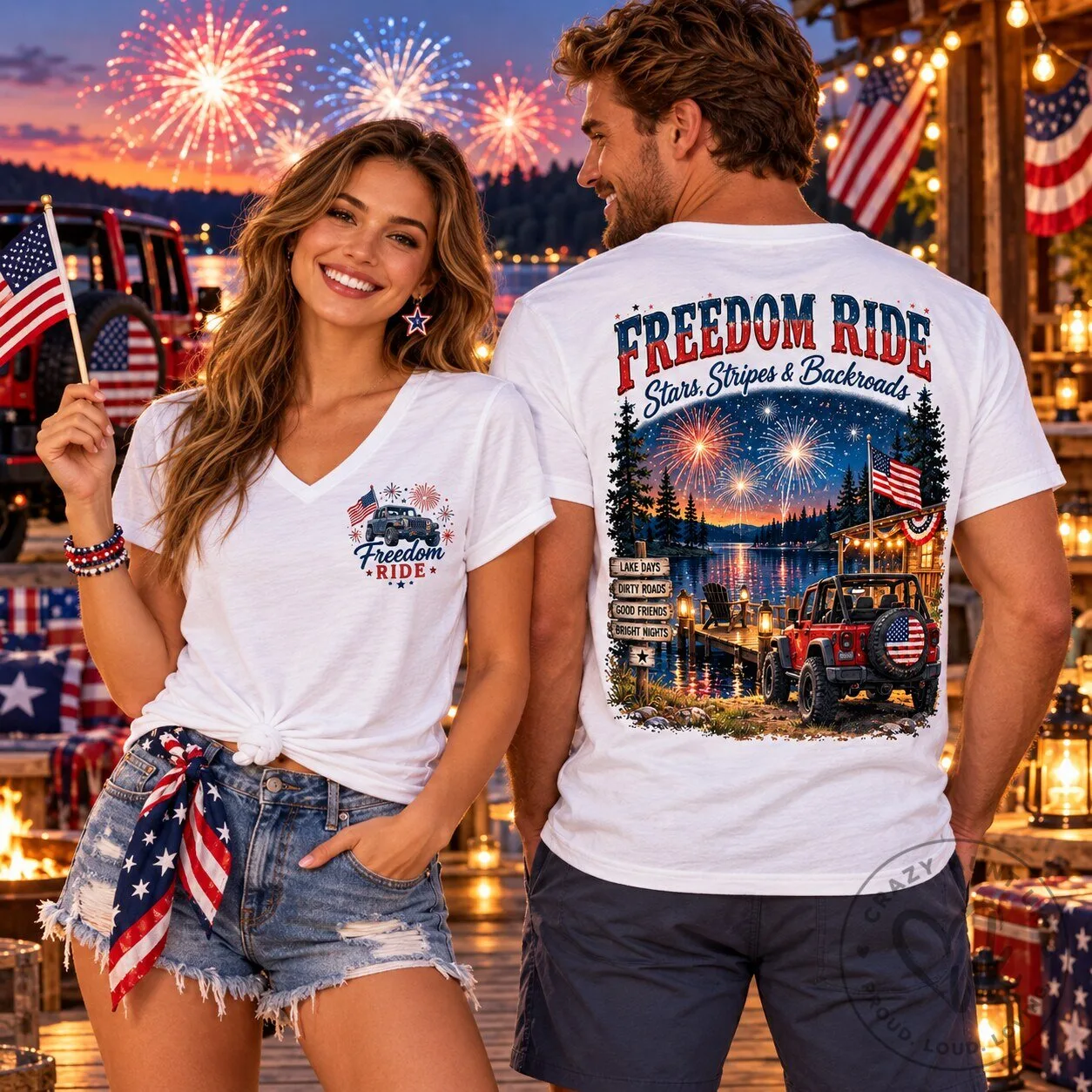 Freedom Ride Stars Stripes and Backroads Patriotic Lake Scene T-Shirt