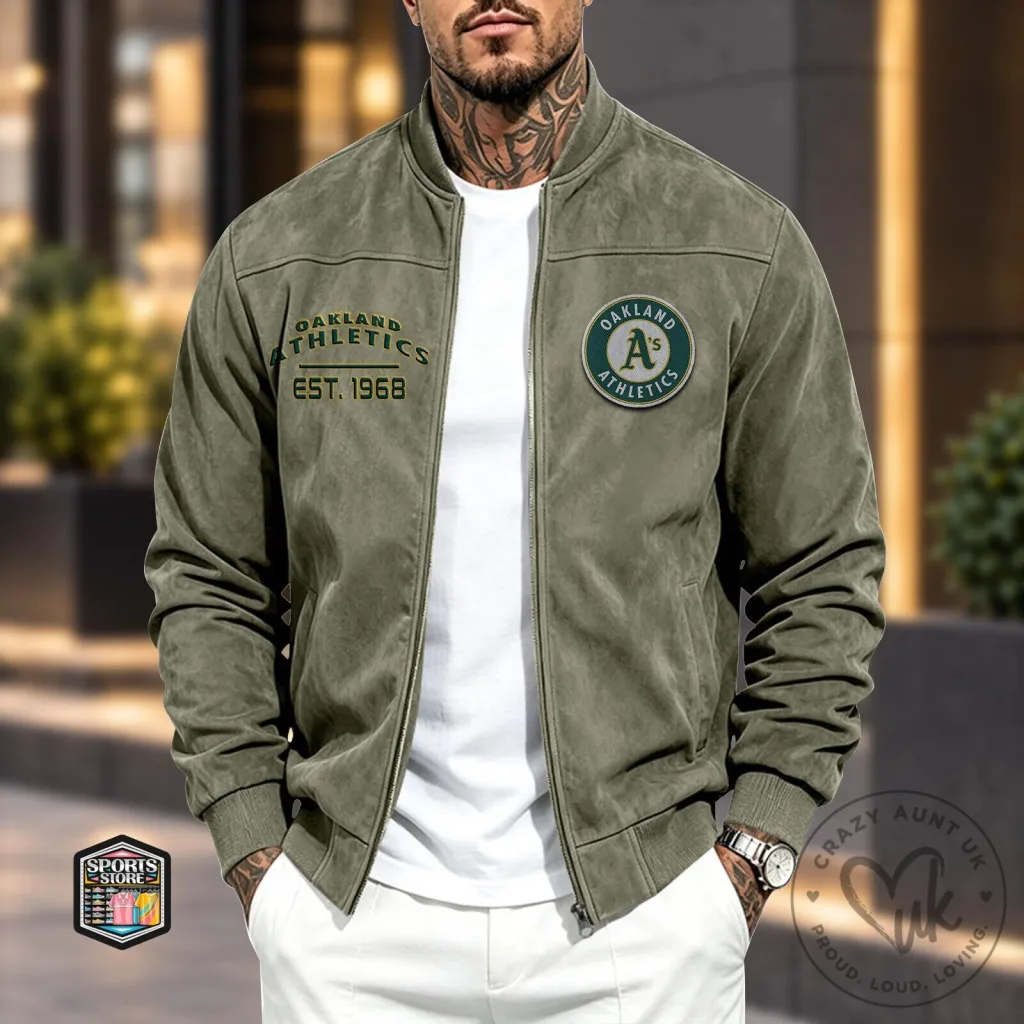 Oakland Athletics Baseball Team Logo Suede Bomber Jacket Oakland Athletics Baseball Team Logo Suede Bomber Jacket