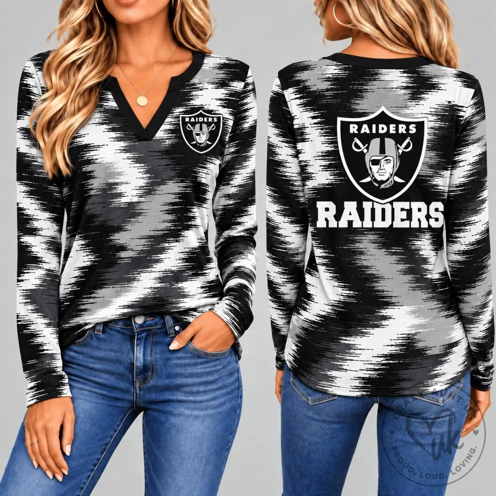Las Vegas Raiders Dynamic Brushstroke V-Neck Long Sleeve Shirt for Women Las Vegas Raiders Dynamic Brushstroke V-Neck Long Sleeve Shirt for Women