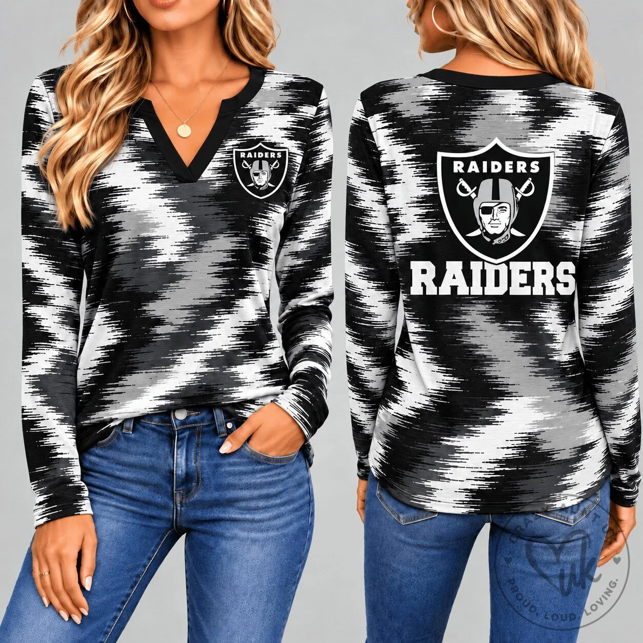 Las Vegas Raiders Dynamic Brushstroke V-Neck Long Sleeve Shirt for Women 5 Las Vegas Raiders Dynamic Brushstroke V-Neck Long Sleeve Shirt for Women