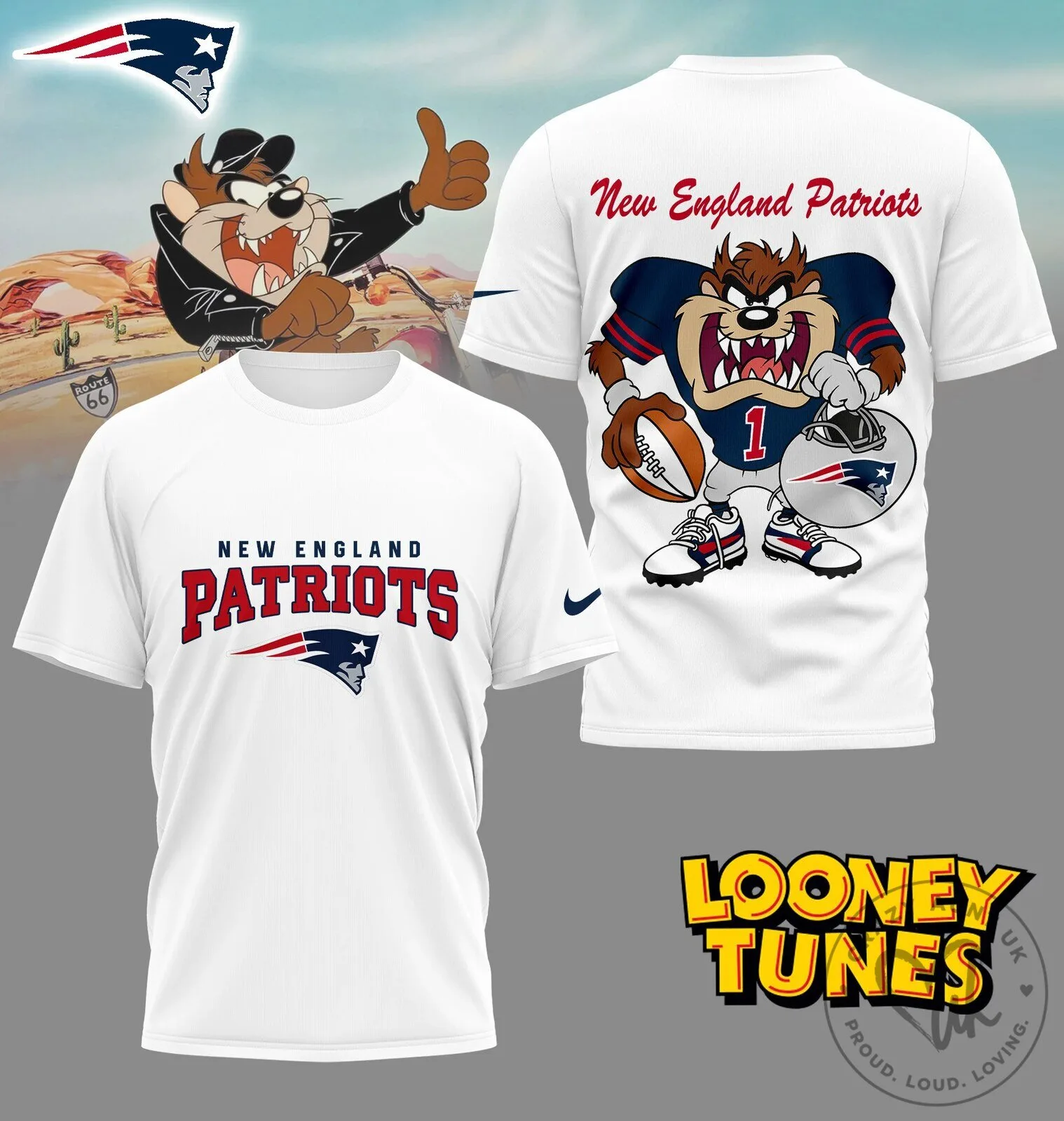 New England Patriots NFL Fan Shirt with Looney Tunes Taz Football Design
