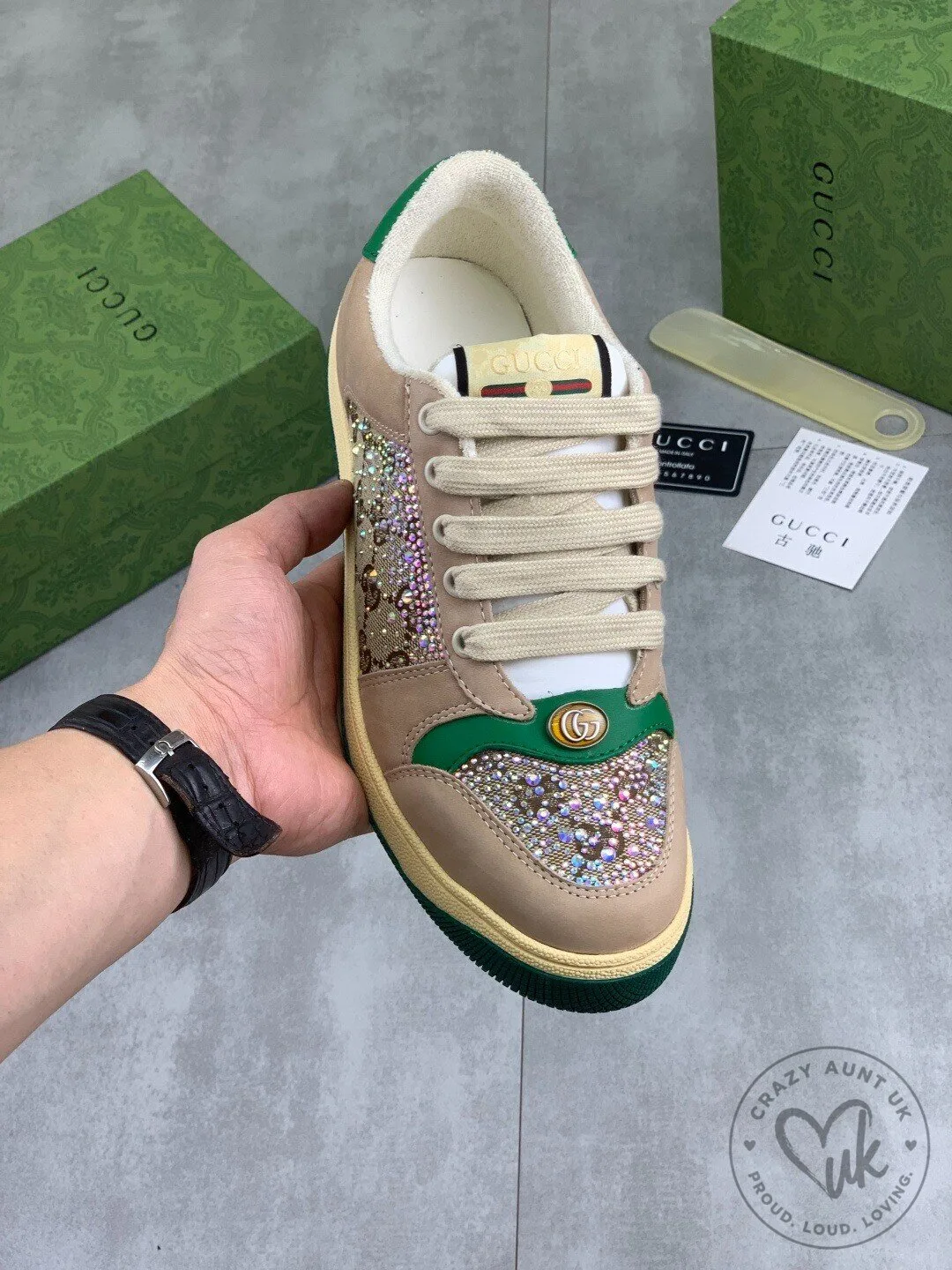 Gucci Beige Leather Rhinestone Embellished Low-Top Sneakers for Women