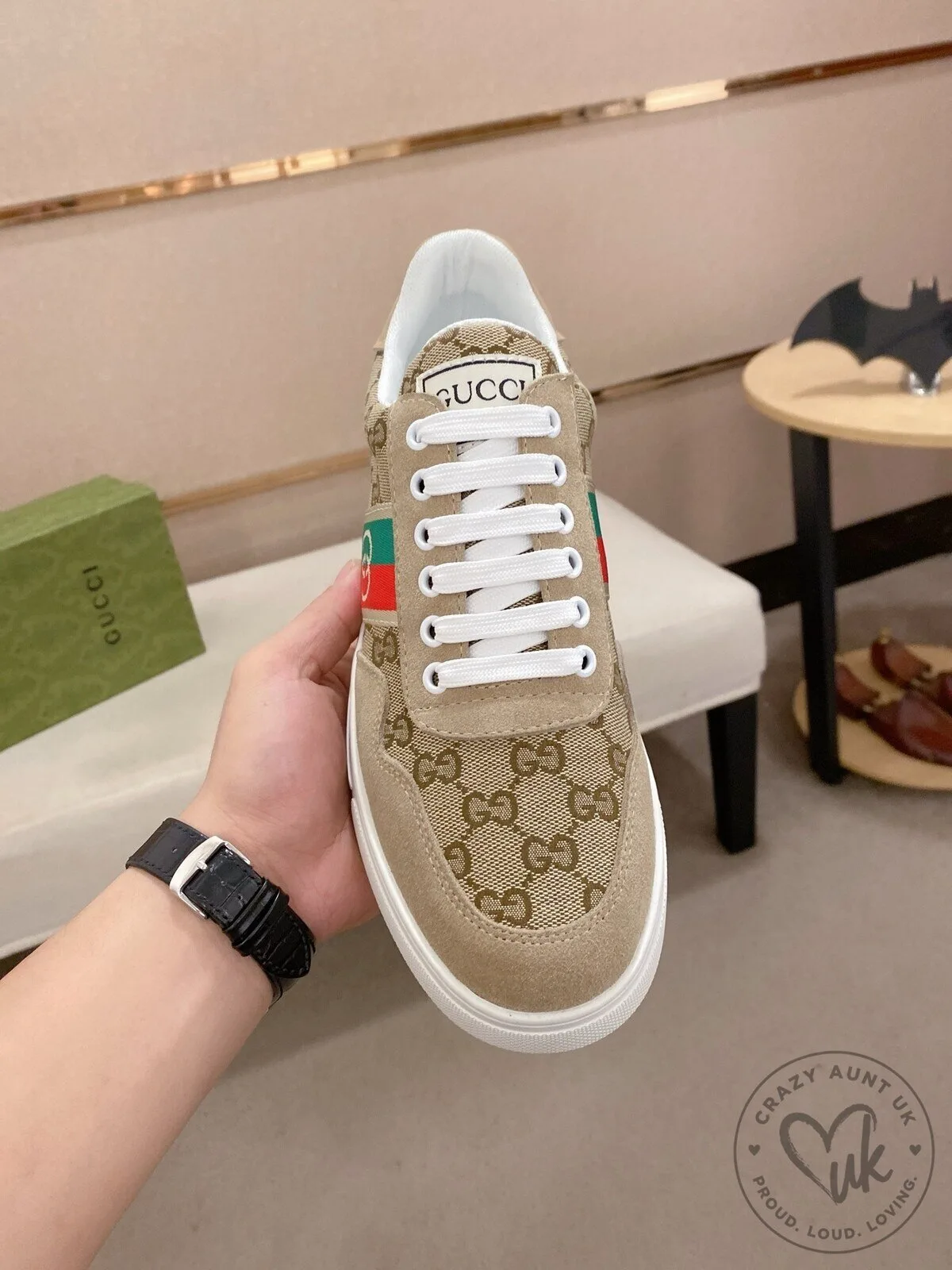 Gucci Beige Monogrammed Canvas And Suede Ace Sneakers With Web Stripe