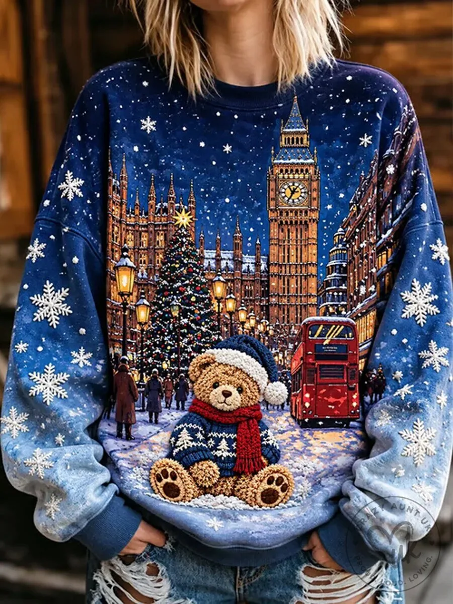 London Christmas Teddy Bear Snowflakes Winter Holiday Crewneck Sweatshirt