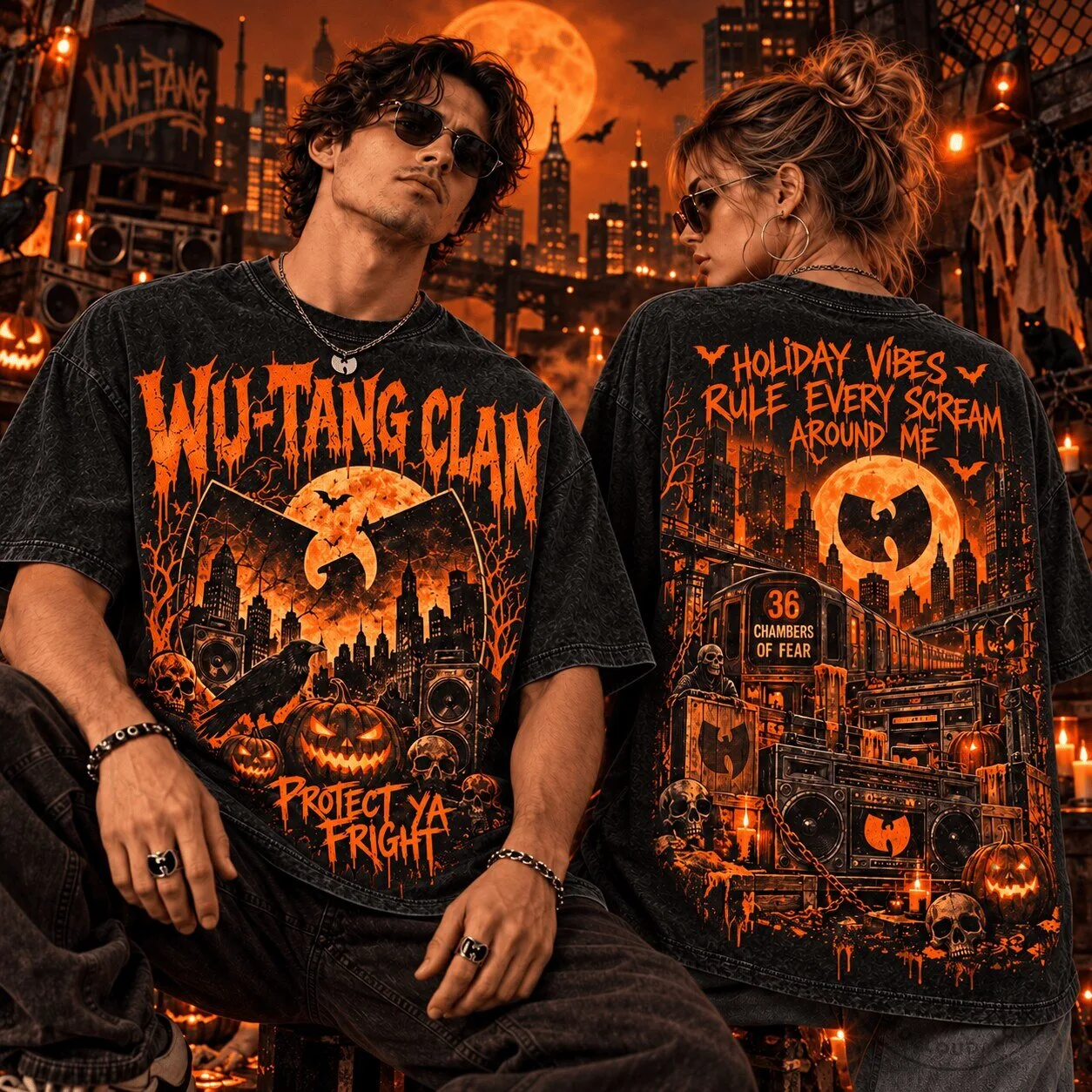 Wu-Tang Clan Halloween Protect Ya Fright Haunted City Boombox Skulls T-Shirt