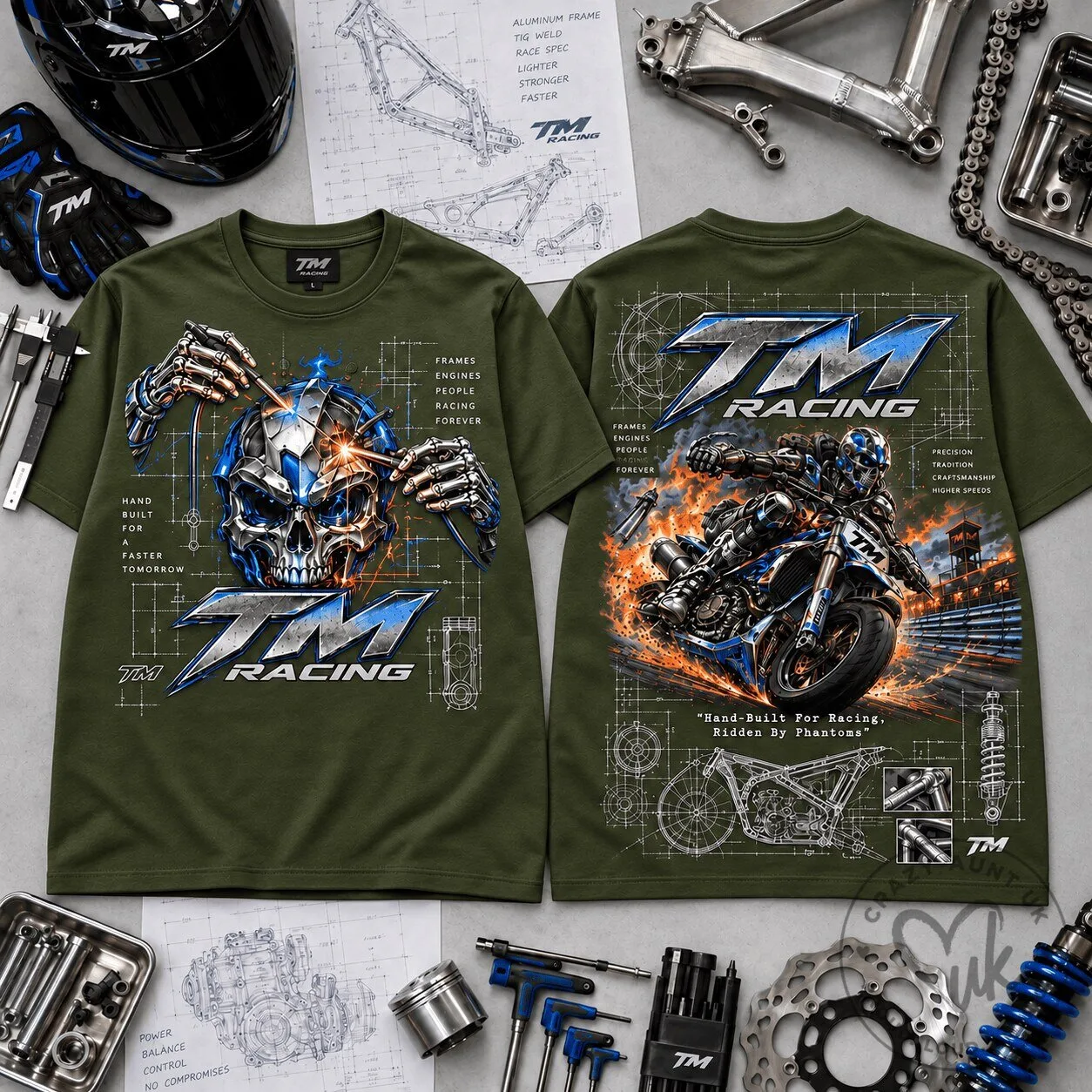 TM Racing Motorcycle Skull Welder Graphic Print T-Shirt